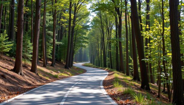 The paved road winds through a forest where the tall trees arch overhead, forming a natural canopy that filters the sunlight. photo