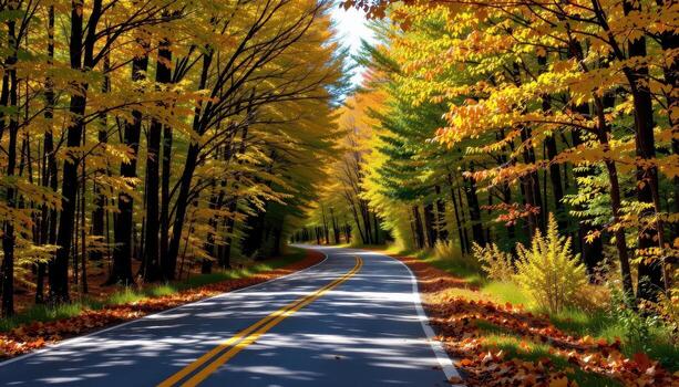 The paved road cuts through a forest corridor lined with vibrant trees, their leaves casting flickering shadows on the surface. photo