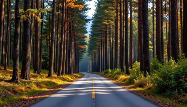 The paved road winds gently through a forest where towering trees create a rhythmic pattern along the road. photo
