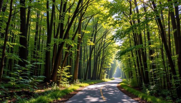 The paved road cuts through a forest of verdant trees, with shafts of golden sunlight piercing through the canopy above. photo