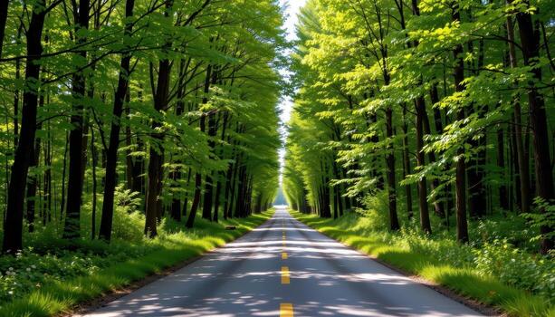 The paved road stretches through a forest corridor, where the trees rise high and form a natural leafy tunnel. photo