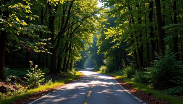 The paved road winds through a forest of lush trees, surrounded by layers of foliage glistening in the soft afternoon sun. photo
