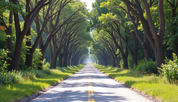 The paved road flows through a forest corridor lined with lush trees arching together to form a natural vault. photo