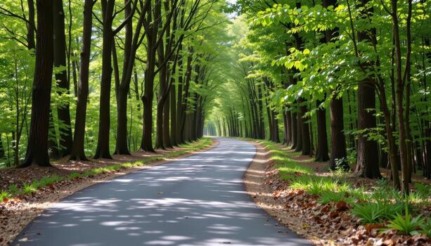 The paved road winds through a quiet woodland, where the tall trees create a natural tunnel of greenery. photo