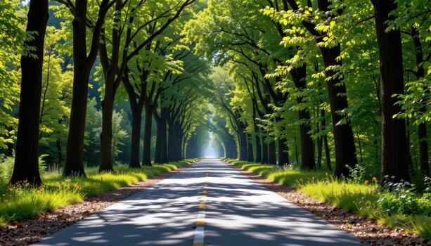 The paved road flows through a corridor of towering trees and shimmering green foliage. photo