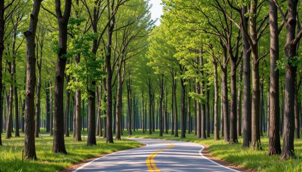 The paved road winds between columns of trees, their tops merging into a sea of green. photo