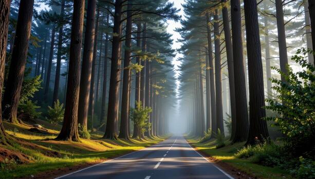 The paved road cuts through tall, ancient trees rising high into the mist. photo