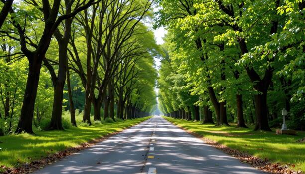 The paved road cuts through a lush canopy where trees line the edges in endless green. photo