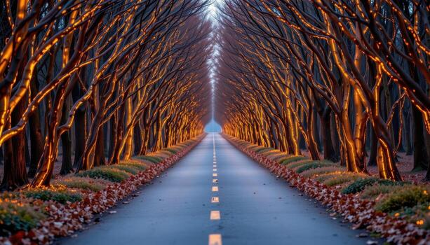 The paved road passes through a corridor of intertwined branches glowing with light. photo
