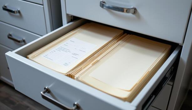 Open filing cabinet drawers showcase well organized documents, with folders neatly aligned and papers evenly distributed for easy retrieval. photo