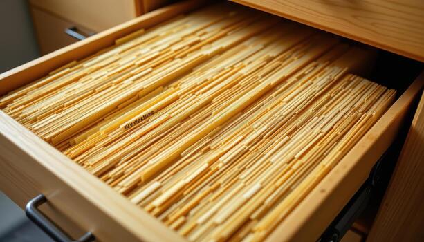 Open filing cabinet drawers contain carefully sorted files, each folder labeled and spaced evenly to maintain a clean and orderly appearance. photo