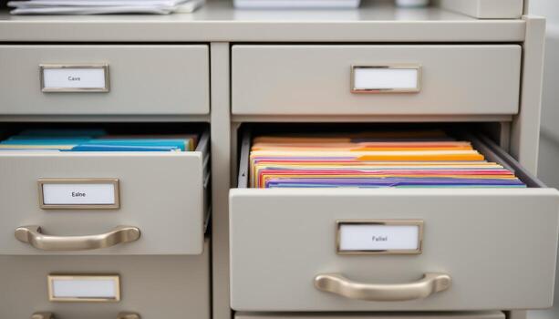 Open filing cabinet drawers present documents arranged neatly, with color coded folders and labels ensuring everything is easy to find. photo