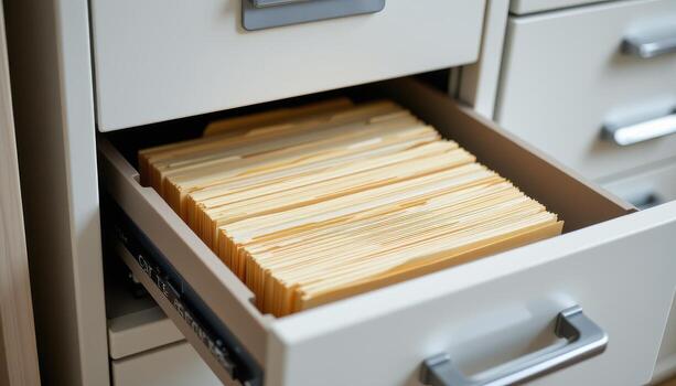 Open filing cabinet drawers display files arranged meticulously, with folders in perfect rows and papers aligned consistently. photo