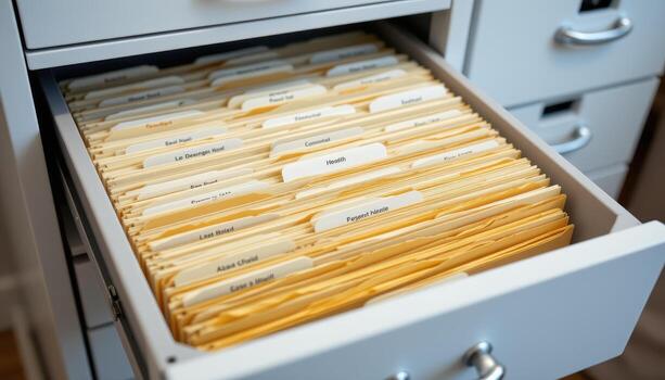 Open filing cabinet drawers showcase a precise arrangement of documents, with each folder categorized for efficient retrieval. photo