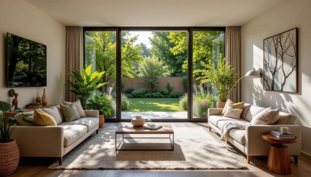 A living room with soft furnishings facing a lush garden, sunlight filtering through branches casting patterns on the floor. photo