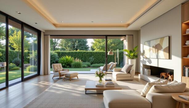A spacious living room with neutral furnishings and a panoramic view of a dense garden, creating a calming indoor outdoor connection. photo