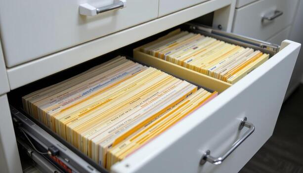 Open filing cabinet drawers hold stacks of organized paperwork, with clearly labeled tabs and files arranged by date and topic in a systematic fashion. photo