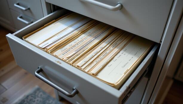 Open filing cabinet drawers reveal documents sorted systematically, with files arranged for quick and easy access. photo