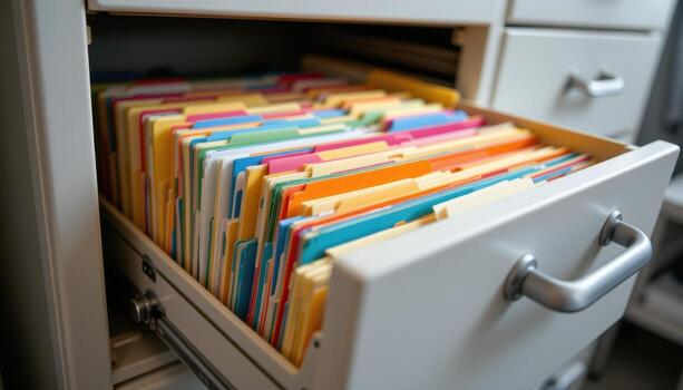Open filing cabinet drawers display meticulously arranged files, where each folder is categorized and color coded to keep documents accessible and structured. photo
