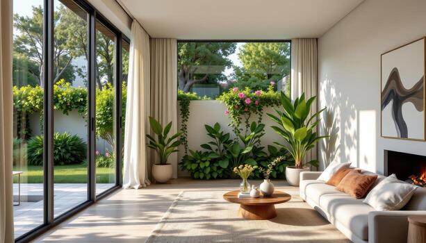 A contemporary living room adjacent to a flourishing garden, with soft sunlight filtering through the leaves and casting patterns on the walls. photo
