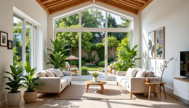 A bright living room with natural light streaming in from a lush garden, where potted plants and hanging greenery complement the interior design. photo