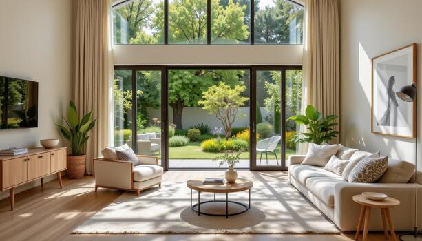 A living room with soft furnishings and an open view of a lush garden, sunlight creating gentle patterns on the floor. photo