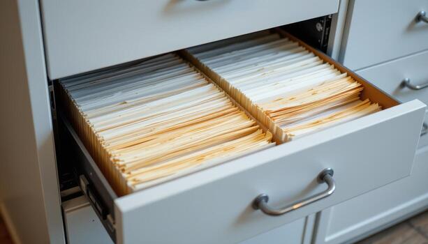 Open filing cabinet drawers reveal neatly stacked papers, each folder positioned precisely to maintain a clean workspace. photo