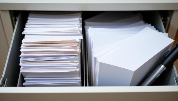 Open filing cabinet drawers display orderly papers, stacked neatly with folders aligned for a professional appearance. photo