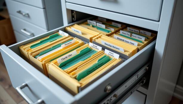 Open filing cabinet drawers hold organized files, each folder carefully positioned and labeled for easy access. photo