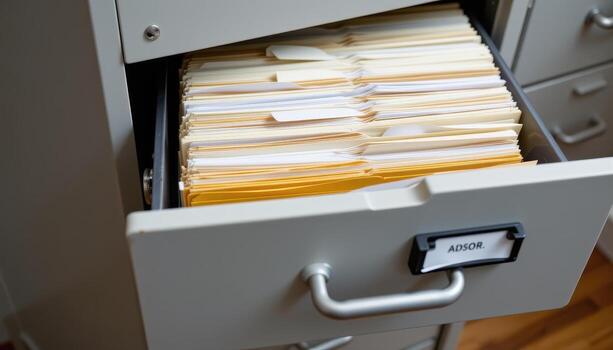 Open filing cabinet drawers hold files arranged systematically, with papers stacked evenly and folders labeled consistently. photo