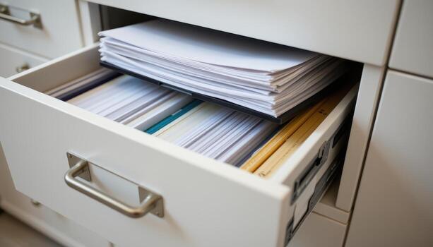 Open filing cabinet drawers reveal neatly organized files, with stacked documents and evenly aligned folders. photo