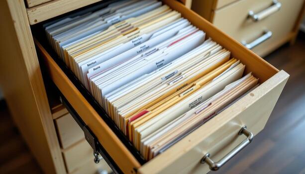 Open filing cabinet drawers showcase documents arranged systematically, with stacked papers and labeled dividers. photo