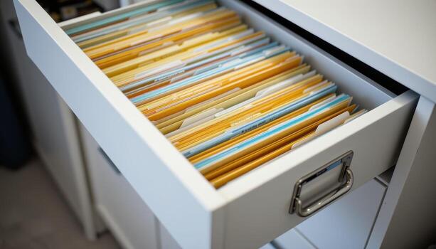 Open filing cabinet drawers showcase files stacked neatly, with papers aligned and folders labeled clearly for easy access. photo