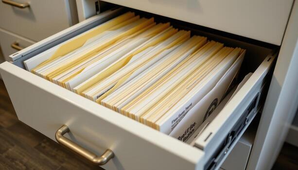 Open filing cabinet drawers hold meticulously sorted papers, each folder positioned to maintain a clean and efficient system. photo