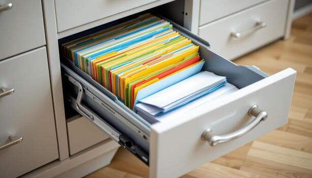 Open filing cabinet drawers contain documents arranged systematically, with color coded folders and organized stacks. photo