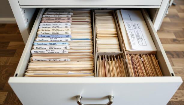 Open filing cabinet drawers showcase documents arranged neatly, with labels and folders aligned for easy retrieval. photo