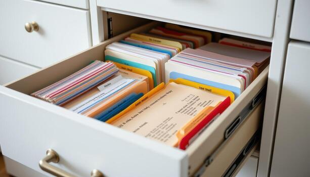 Open filing cabinet drawers reveal documents arranged systematically, with color coded folders and neat stacks for clarity. photo
