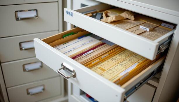Open filing cabinet drawers showcase organized files, with labels and dividers keeping the system structured and efficient. photo