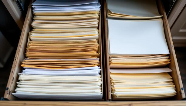 Open filing cabinet drawers hold papers organized methodically, with stacked documents and aligned folders for easy retrieval. photo