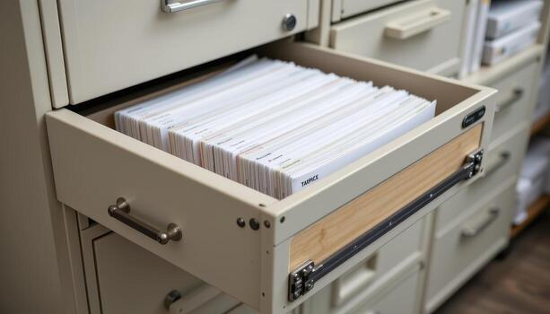 Open filing cabinet drawers hold neatly arranged documents, with files sorted by topic and stacked evenly. photo