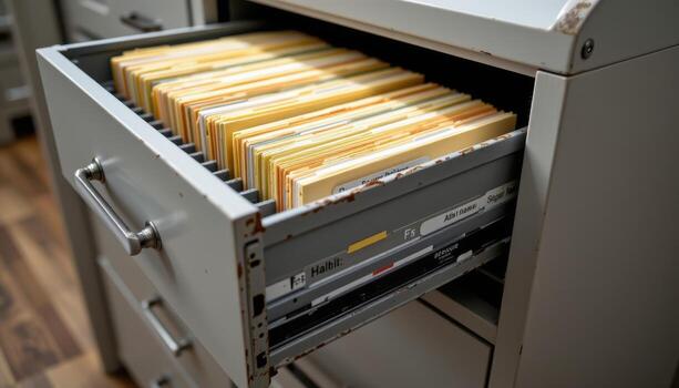 Open filing cabinet drawers contain organized files, with folders stacked evenly, labels clearly displayed, and papers arranged systematically for optimal efficiency. photo