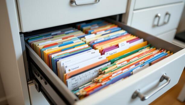 Open filing cabinet drawers showcase perfectly arranged files, with labels, tabs, and color coding creating a clean and organized appearance. photo