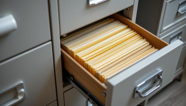 Open filing cabinet drawers reveal neatly arranged papers, with files positioned systematically to ensure efficiency. photo