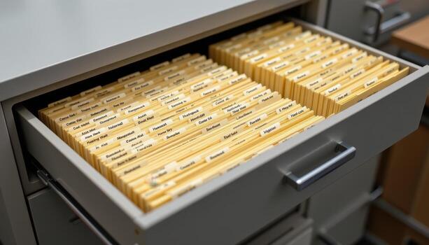 Open filing cabinet drawers display meticulously organized files, with labeled tabs guiding placement and making retrieval effortless. photo