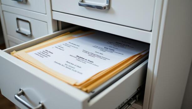 Open filing cabinet drawers contain documents stacked neatly, each folder categorized by topic and date for efficient retrieval. photo