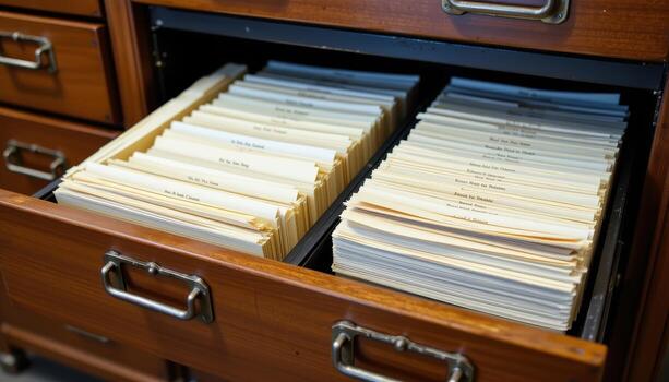 Open filing cabinet drawers reveal a structured system of documents, where every folder is categorized and stacked with precision. photo