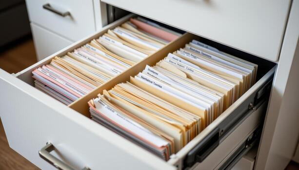 Open filing cabinet drawers hold organized files, with papers stacked evenly and folders sorted for quick and easy access. photo