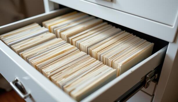 Open filing cabinet drawers showcase organized documents, with evenly spaced folders and systematic alignment of papers. photo