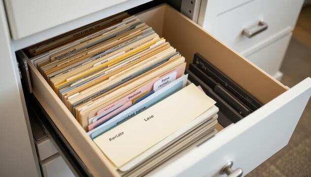 Open filing cabinet drawers contain files arranged carefully, with labeled folders and organized stacks of papers. photo