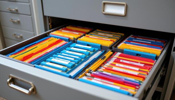 Open filing cabinet drawers showcase files arranged in perfect rows, with color coded folders and labeled tabs providing organization. photo